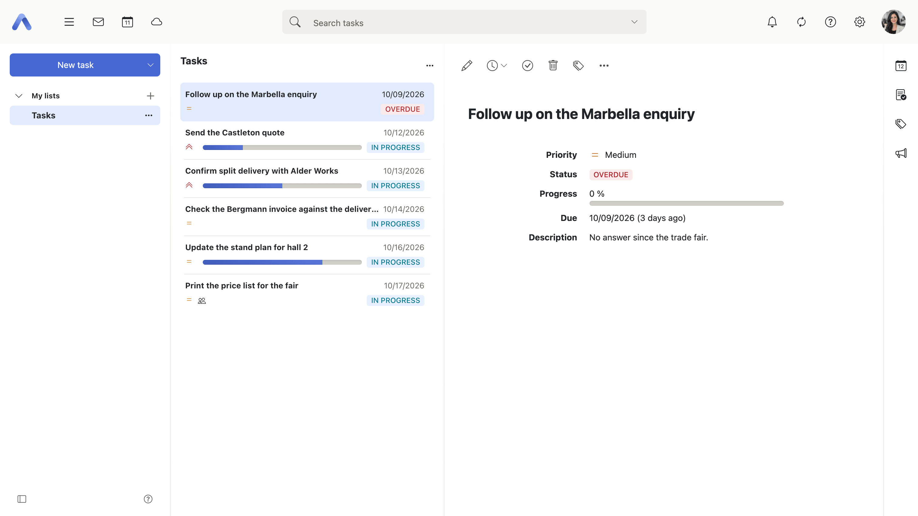 The task list with priorities and progress, beside the detail view