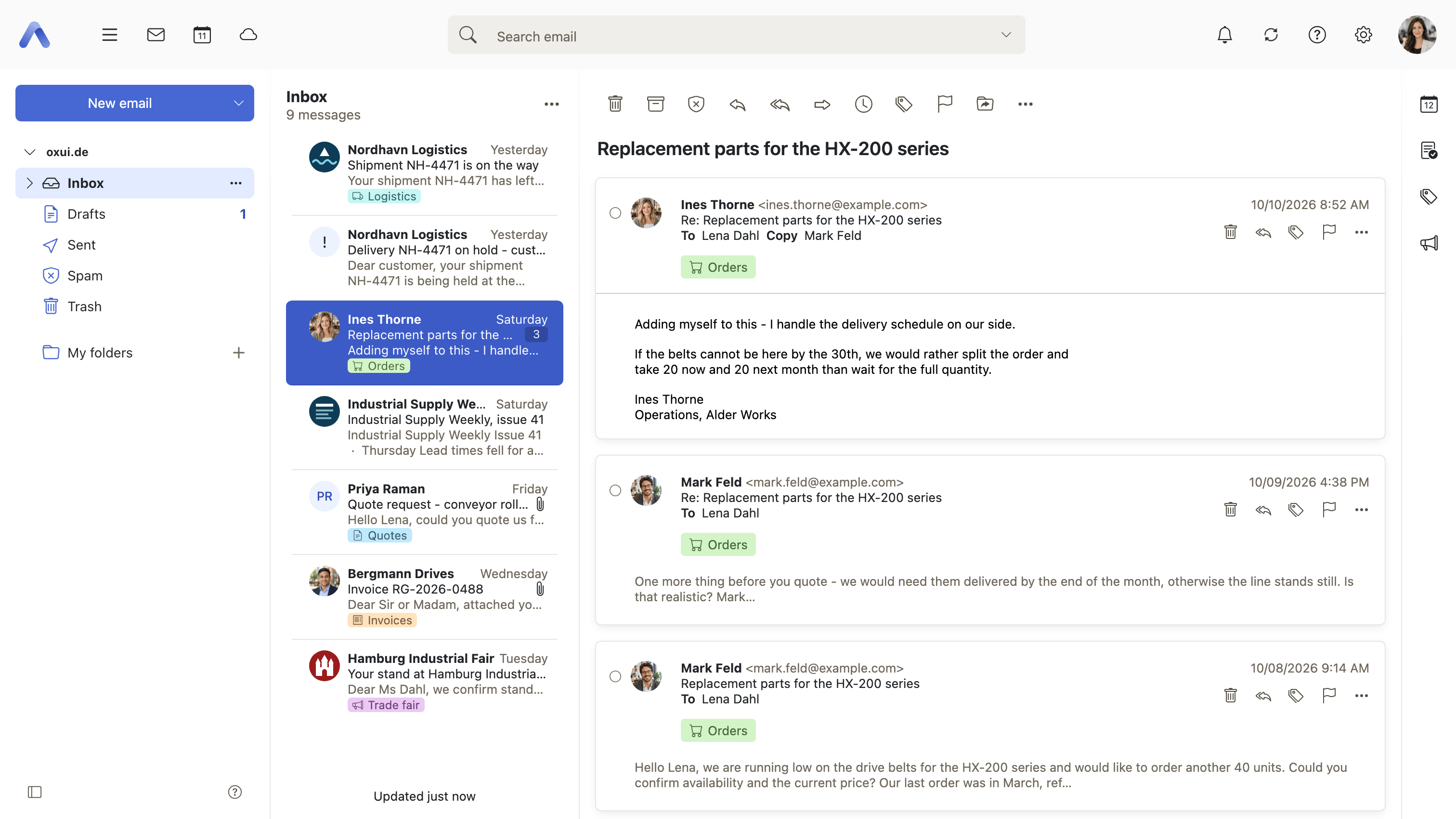 A conversation row, with its message count, opened to show the thread